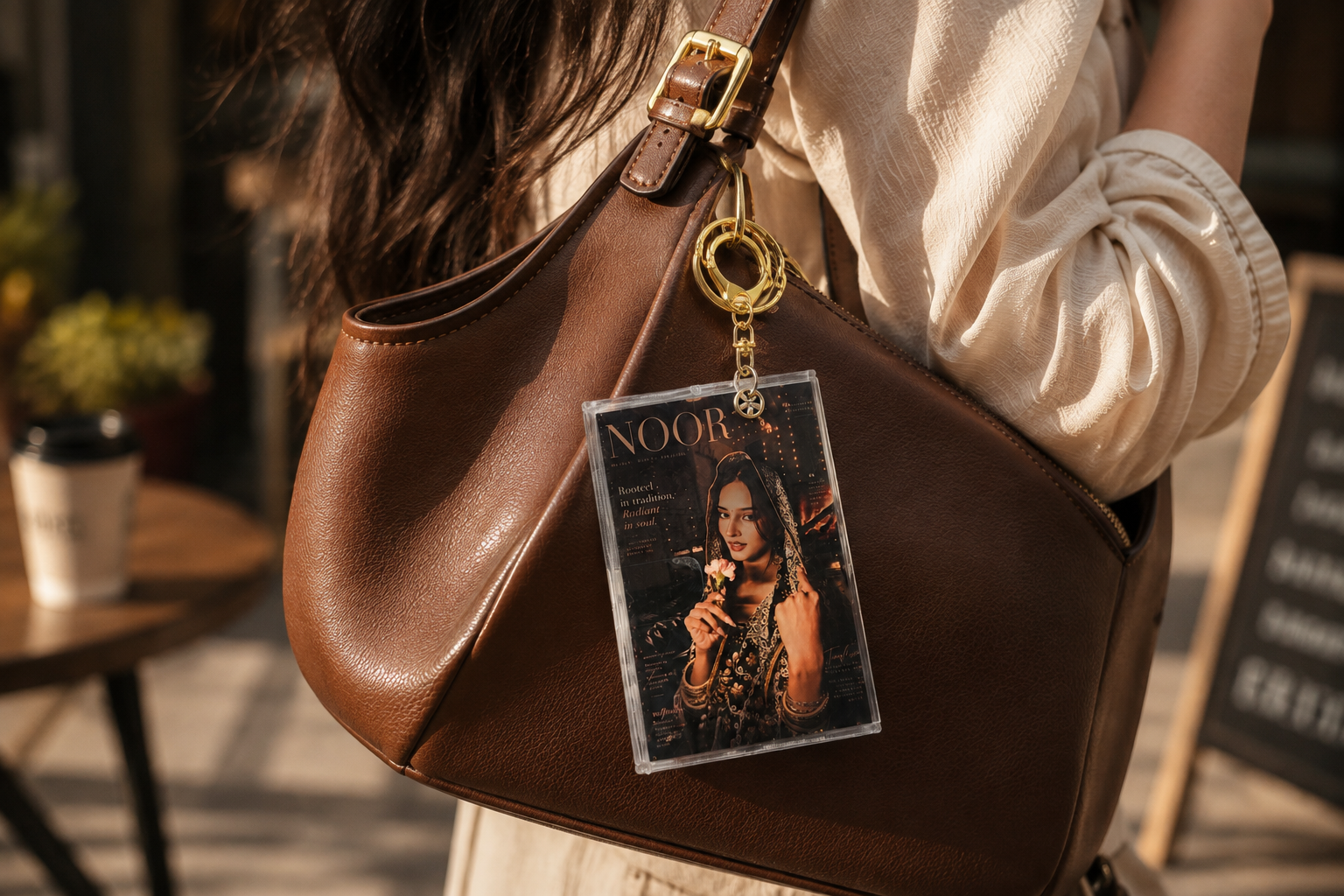 Mini magazine keychain on designer handbag